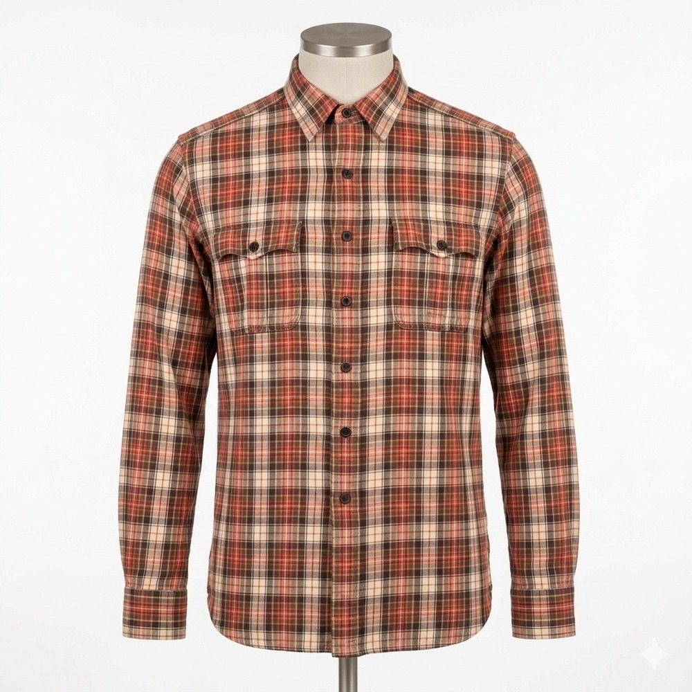 Polo Ralph Lauren Flannel Shirt Men L Orange Plaid Epaulet Dual Pocket Button Up